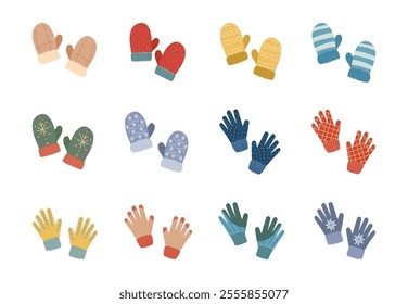 Cartoon Color Different Knitted Mittens and Gloves Icons Set Winter Accessories Concept Flat Design Style. Vector illustration