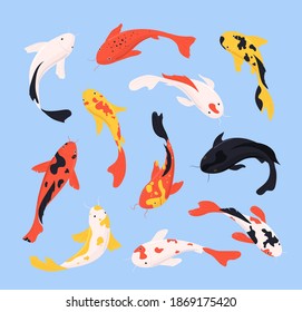 Color de caricatura Diferentes íconos de pescado Koi Fijan Estilo de diseño plano Símbolo asiático tradicional del hombre, fortuna y prosperidad. Ilustración del vector