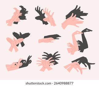 Cartoon Color Different Light Skin Hand Shadow Puppets Set Concept Flat Design Style. Vector illustration of Hands Creating Various Shapes