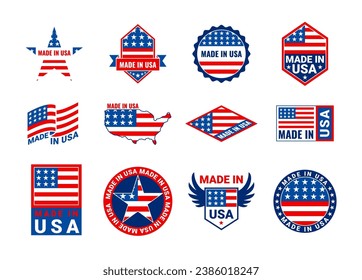Cartoon Color Different Made in Usa Labels Set Concept Flat Design Retro Style. Vector illustration of American Flag Label