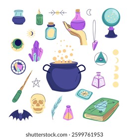 Cartoon Color Different Magic Items Set with Line Art Elements. Vector illustration of Boiling Potion, Wizard Book of spell, Poison in Glass Flask and Fortune Teller Sphere