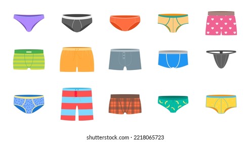 Cartoon Color Different Mens Underpants Icons Set Flat Design Style. Vector illustration of Male Underwear Icon