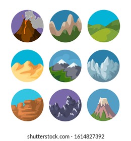 Cartoon Color Different Mountain Sign Icon Set Include of Volcano, Rock and Snow. Vector illustration of Icons