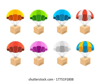 Cartoon Color Different Parachutes with Boxes Icons Set Flat Design Style. Vector illustration of Parachute Icon