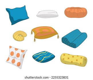 Cartoon Color Different Pillows Cushions Set Home Decor Concept Flat Design Style. Vector illustration of Pillow