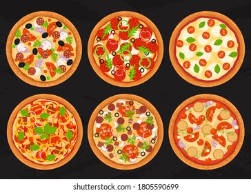 Cartoon Color Different Pizza with Cheese and Mushroom Icon Set Flat Design Style Top View. Vector illustration of Icons