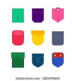 Cartoon Color Different Pockets Icons Set Flat Design Style for Garment. Vector illustration of Cloth Pocket Icon