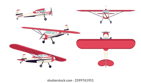 Cartoon Color Different Propeller Planes Set Concept Flat Design Style. Vector illustration of Farm Airplane for Spraying Meadows and Fields