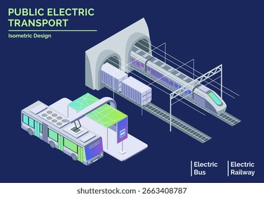 Dibujos Animados Color Diferentes Electro Transporte Público Concepto De Transporte De Ciudad Eléctrica Elementos De Línea De Vista Isométrica 3D. Ilustración vectorial