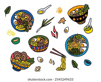 Cartoon Color Different Ramen in Bowls Set Japanese Noodles Soup with Eggs Concept Flat Design Style. Vector illustration