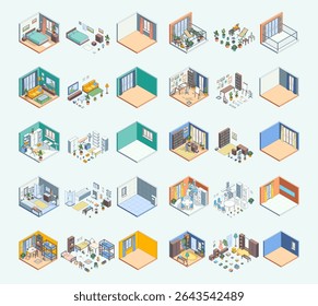 Cartoon Color Different Room Wardrobe, Bedroom, Bathroom and terrace Interior and Furniture Concept Set 3d Isometric View Line Elements. Vector illustration