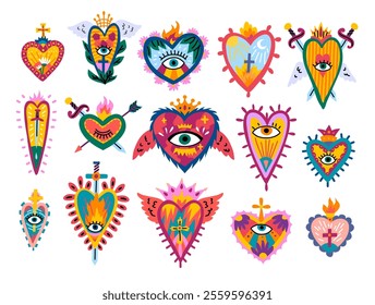 Cartoon Color Different Sacred Mexican Hearts Icons Set Day of Dead Holiday Concept Flat Design Style. Vector illustration