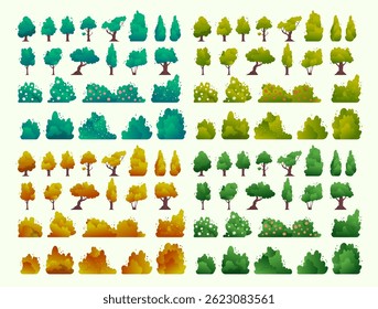Cartoon Color Different Seasonal Types of Trees and Bushes Set Concept Flat Design Style. Vector illustration