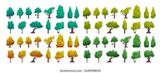 Cartoon Color Different Seasonal Types Trees Set Decoration Elements Garden and Park Concept Flat Design Style. Vector illustration