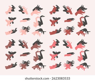 Cartoon Color Different Skin Tones Hand Shadow Puppets Set Concept Flat Design Style. Vector illustration of Hands Creating Various Shapes
