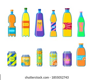 Cartoon Color Different Soft Drinks Bottles Icons Set Include of Soda, Juice and Tonic. Vector illustration of Drink