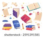 Cartoon Color Different Spell Magic Books and Scrolls Set Wizard Elements Concept Flat Design Style. Vector illustration
