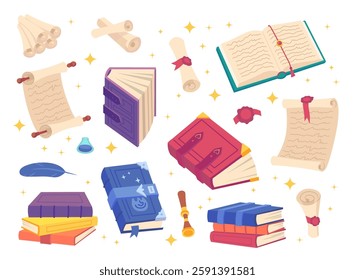 Cartoon Color Different Spell Magic Books and Scrolls Set Wizard Elements Concept Flat Design Style. Vector illustration