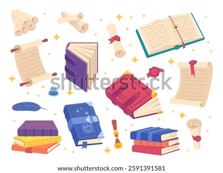 Cartoon Color Different Spell Magic Books and Scrolls Set Wizard Elements Concept Flat Design Style. Vector illustration
