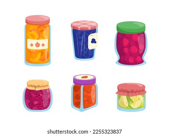 Cartoon Color Different Sweet Berries Jams Glass Jars Set Flat Design Style Include of Blueberry and Raspberry. Vector illustration