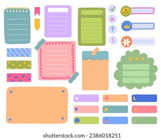 Cartoon Color Different Task Planners and Paper Sticky Notes Set Reminder Concept Flat Design Style. Vector illustration