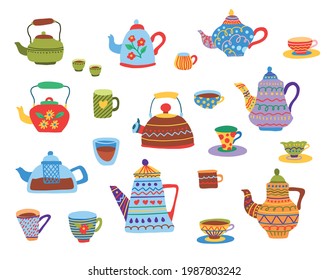 Cartoon Color Different Teapot Cup and Kettle Icons Set Flat Design Style. Vector illustration of Icon