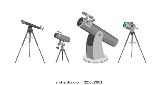 Cartoon Color Different Telescope Set Discover Galaxy Device Concept Flat Design Style. Vector illustration of Telescopes