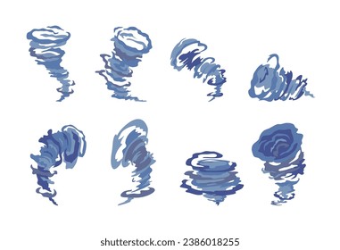 Cartoon Color Different Tornado Effects Set Whirlwind Concept Flat Design Style. Vector illustration of Swirl Hurricane Wind Effects