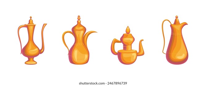 Cartoon Color Different Type Arabic Tea or Coffee Pot Set Concept Flat Design Style. Vector illustration of Dallah