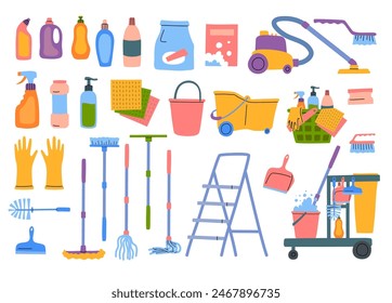 Cartoon Color Different Type Cleaning Tools Icon Set Include of Bucket, Brush, Sponge, Mop and Glove. Vector illustration