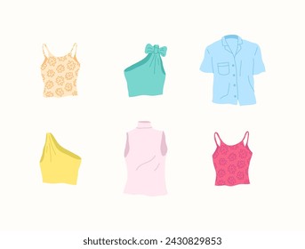 Cartoon Color Different Type Clothes Female Tops Set Concept Flat Design Style. Vector illustration of Crop Top