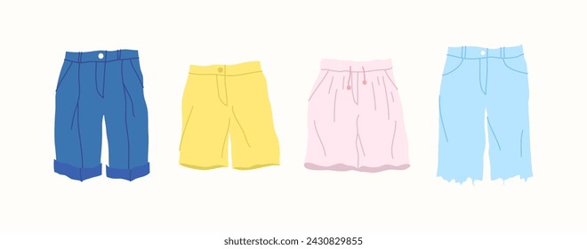 Diferente tipo de ropa de los pantalones cortos masculinos establecidos para la playa y el concepto de la aptitud estilo de diseño plano. Ilustración de vector