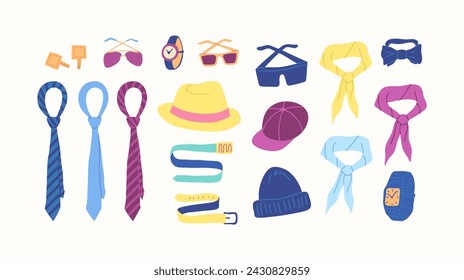 Cartoon Color Different Type Clothes Male Accessories Set Concept Flat Design Style. Vector illustration of Sunglasses,Scarf, Belt, Cap, Tie and Watch