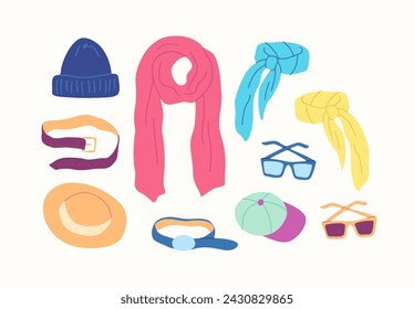 Cartoon Farbe Verschiedene Art Kleidung Weibliche Accessoires Set Konzept Flat Design Stil umfassen Sonnenbrille, Hut, Schal und Gürtel. Vektorgrafik