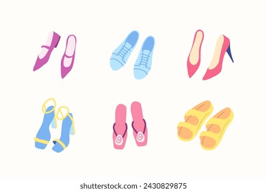 Color de la historieta Diferente tipo de ropa Zapatos femeninos Set Concepto Diseño plano Estilo. Ilustración vectorial de tacones altos rojos