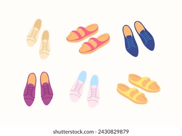 Cartoon Color Different Type Clothes Male Shoes Set Concept Flat Design Style. Vector illustration of Casual Sneakers or Sandals