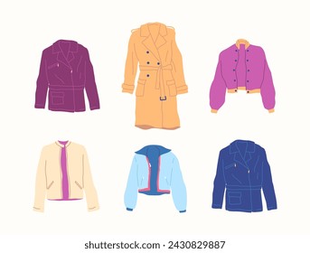 Cartoon Color Different Type Clothes Male Coats Set Concept Flat Design Style. Vector illustration of Long Coat and Trench