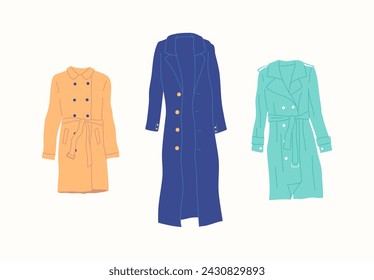 Cartoon Color Different Type Clothes Female Coats Set Concept Flat Design Style Belted Trench and Coat. Vector illustration