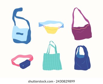 Color de la historieta Diferente tipo de ropa Bolsas Femeninas Set Concepto Diseño Plano Estilo Bolso de Cinturón y Bolso. Ilustración de vector
