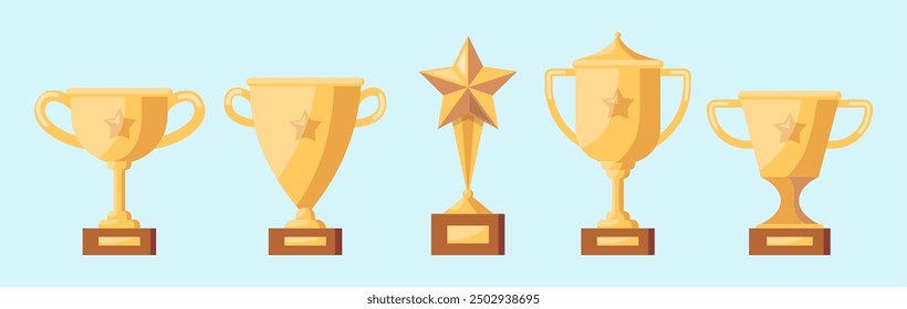 Cartoon Color Different Type Gold Winner Cup Set Symbol of Win Competition Concept Flat Design Style. Vector illustration