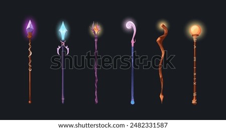Cartoon Color Different Type Magical Staff Set Wizard Weapon Game Concept Flat Design Style. Vector illustration