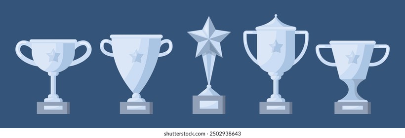 Cartoon Color Different Type Silver Winner Cup Set Symbol of Win Competition Concept Flat Design Style. Vector illustration