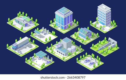 Cartoon Color Different Types Building and Vehicle Electric City Transportation Concept 3d Isometric View Line Elements. Vector illustration