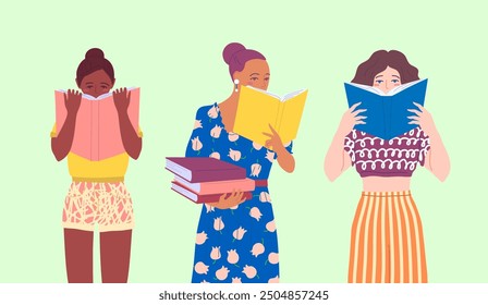 Color de dibujos animados Diferentes tipos Personajes Chicas Conjunto de lectura Lectores Concepto Diseño plano Estilo . Ilustración vectorial de mujeres con libros