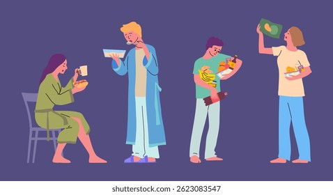 Cartoon Color Different Types Characters People and Night Snack Concept Flat Design Style. Vector illustration of Late Night Snacking