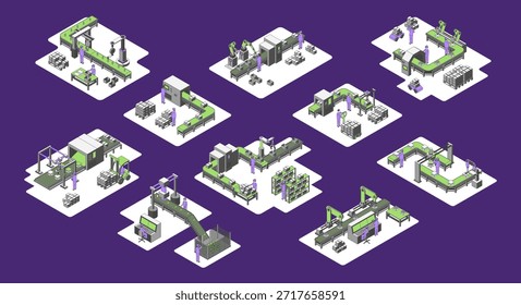 Cores de desenhos animados diferentes tipos linha transportadora em uma plataforma conjunto conceito para elementos de linha de visão isométrica 3d de fábrica. Ilustração vetorial