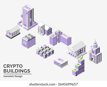 Cartoon Color Different Types Crypto Buildings Isolated on a White Background City Concept 3d Isometric View Line Elements. Vector illustration