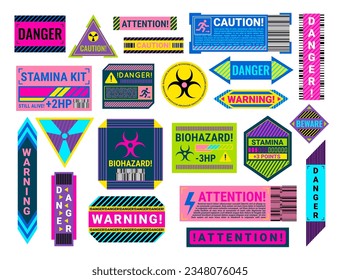 Cartoon Color Different Types Cyberpunk Decal Set Concept Flat Design Style Include of Danger, Caution and Attention. Vector illustration