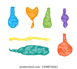 Color de caricatura Diferentes Tipos De Globos Deflados Establece El Estilo De Diseño Plano. Ilustración vectorial de la goma Baloon sin inflar