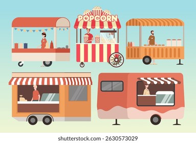 Cartoon Color Different Types Food Truck Set Street Cart with Burger and Popcorn Concept Flat Design Style. Vector illustration